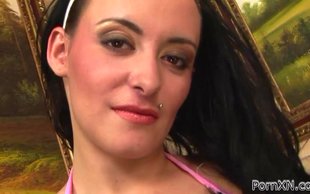 This dirty lesbian brunette likes to get chocked during masturbation