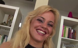 Bombshell lesbian blonde is bendful enough to fist herself