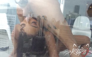 Salacious babes are attaching a dildo to the window and fucking it