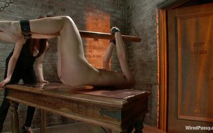 Athletic brunette is hanging bounded to the wood and gaged