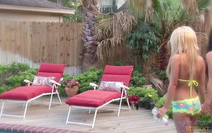 Bombshell brunette and her blonde girlfriend are having fun